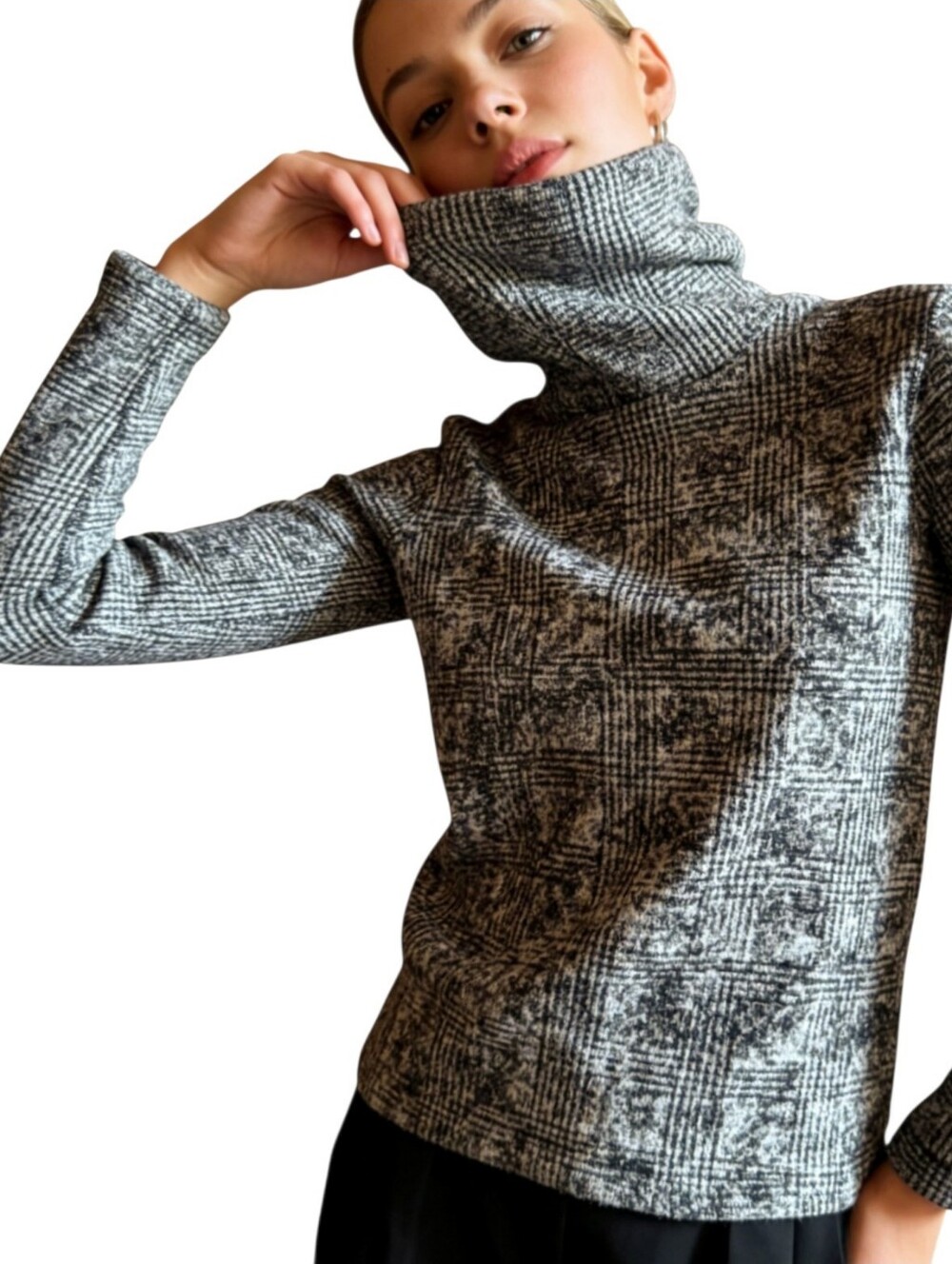 J. CREW Women Sweater Turtleneck Black White Plaid Long Sleeve  XS